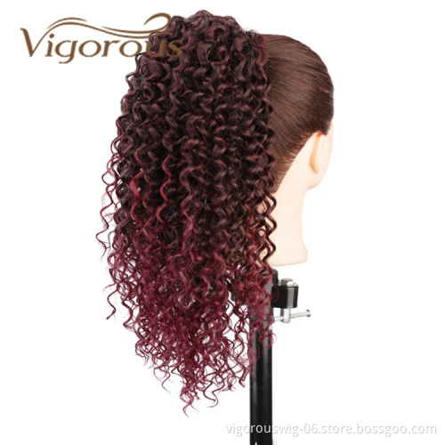 Vigorous High Quality Wholesale Long Ombre Burgundy Kinky Curly Machine Made Updo Drawstring Synthetic Ponytail Hair Extension